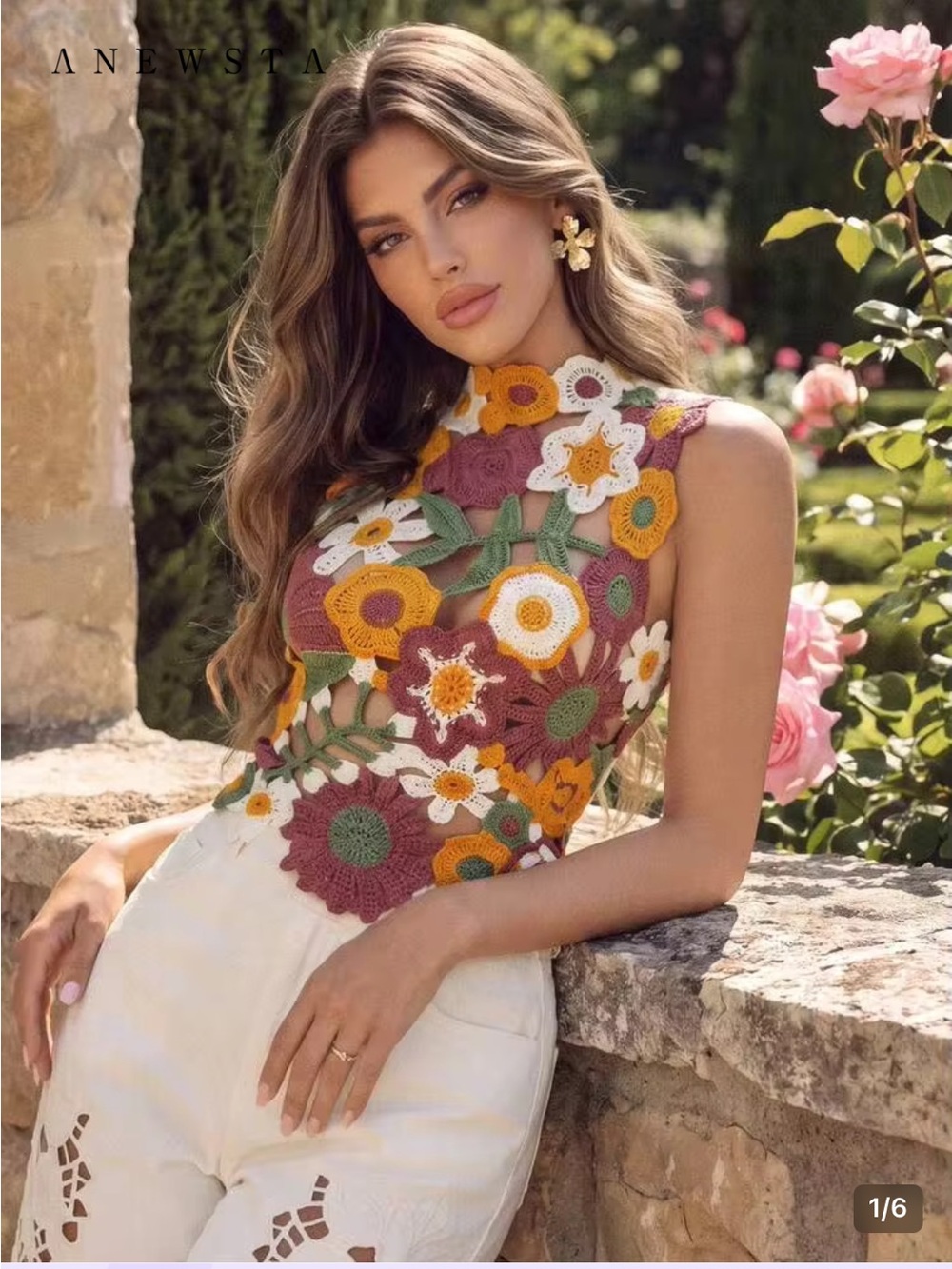 M New Women's Multicolor Crochet Floral Sleeveless Top White Flower Boho Orange